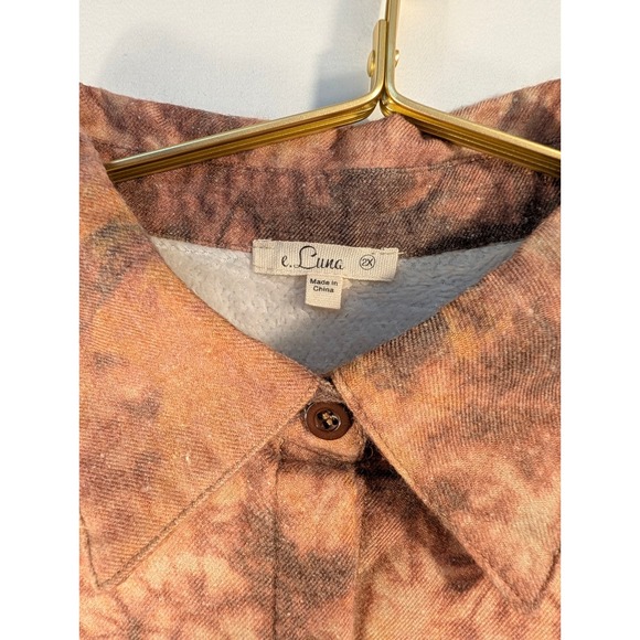 E Luna XL Tie Dye Sherpa Lined Wild Silk look Shirt Jacket Warm Orange & Brown - Picture 3 of 4